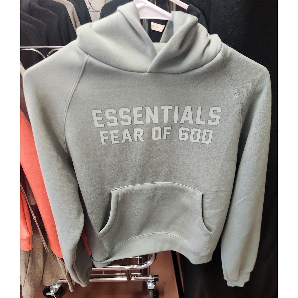 Fear of God Essentials Kids Pullover Hoodie Sage Green Logo Sweatshirt NEW